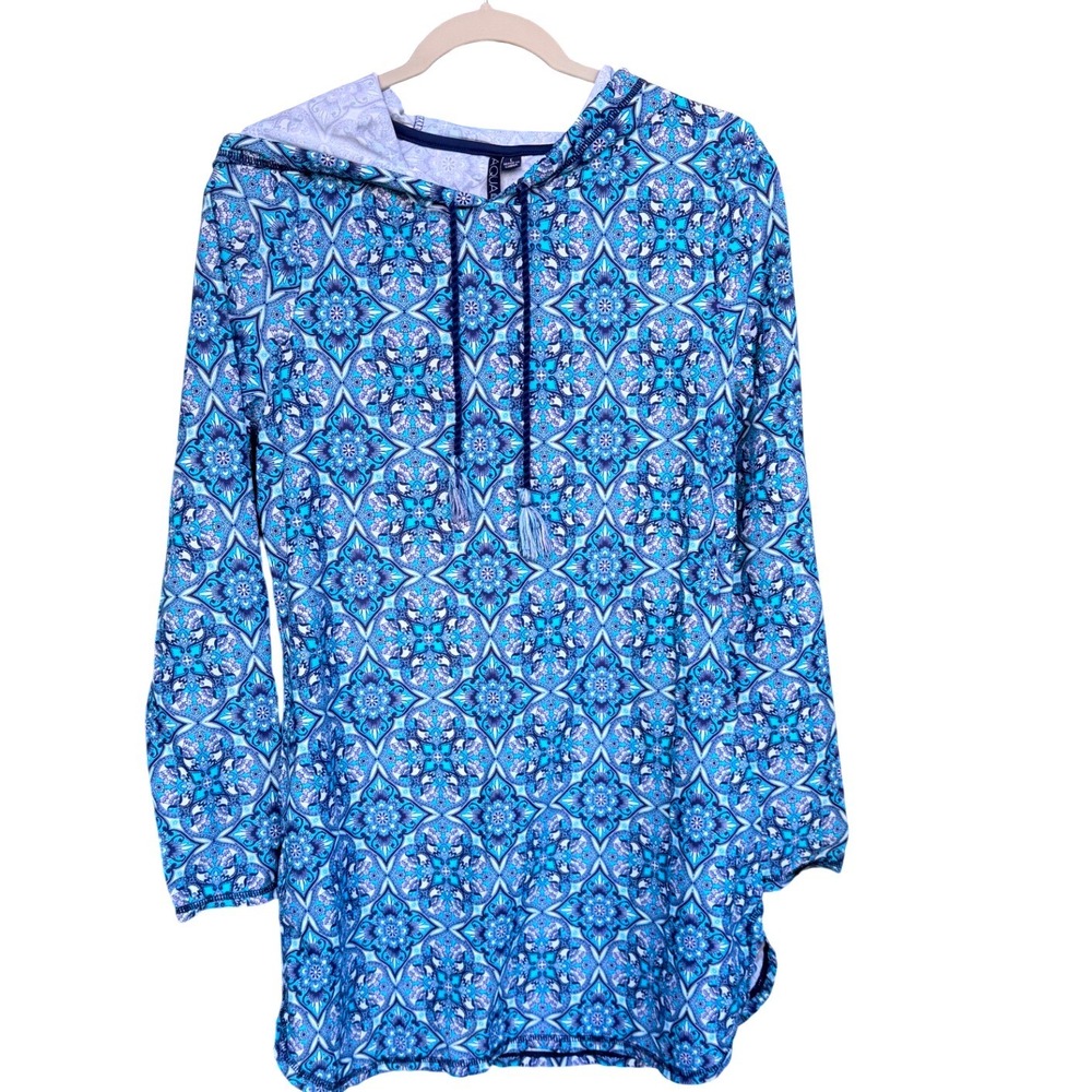 Aqua Et Sol Blue Medallion Paisley Hooded‎ Swim Cover Up Tunic Tassels Large